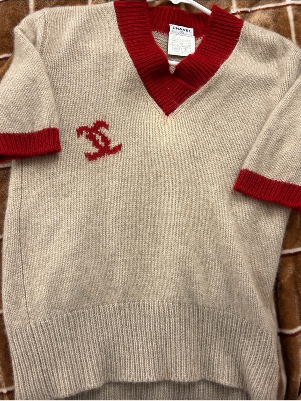 CHANEL Beige and Red V-Neck Logo Sweater